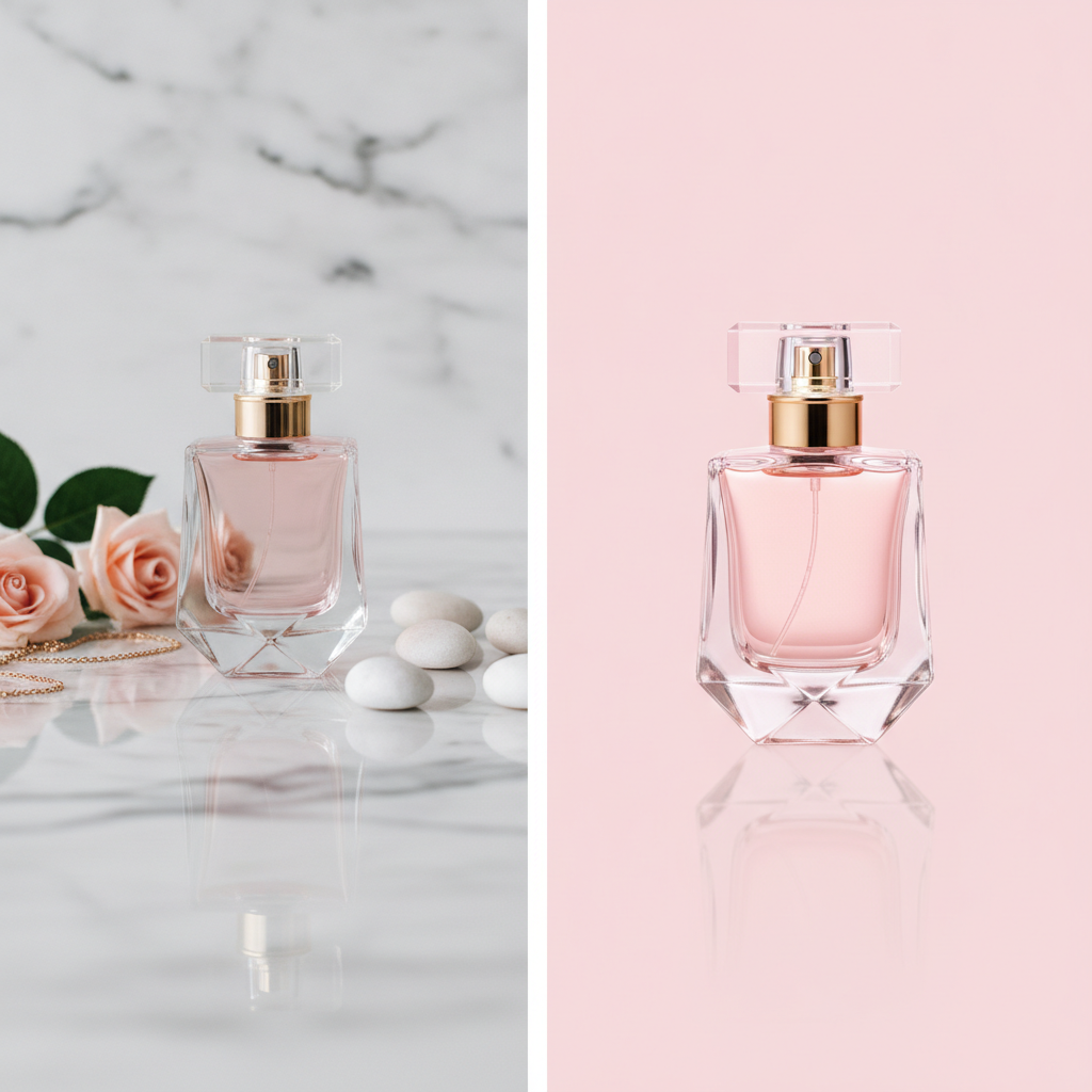 Before and after of a glass perfume bottle with its marble-countertop background removed and the bottle placed on a seamless pastel pink studio backdrop
