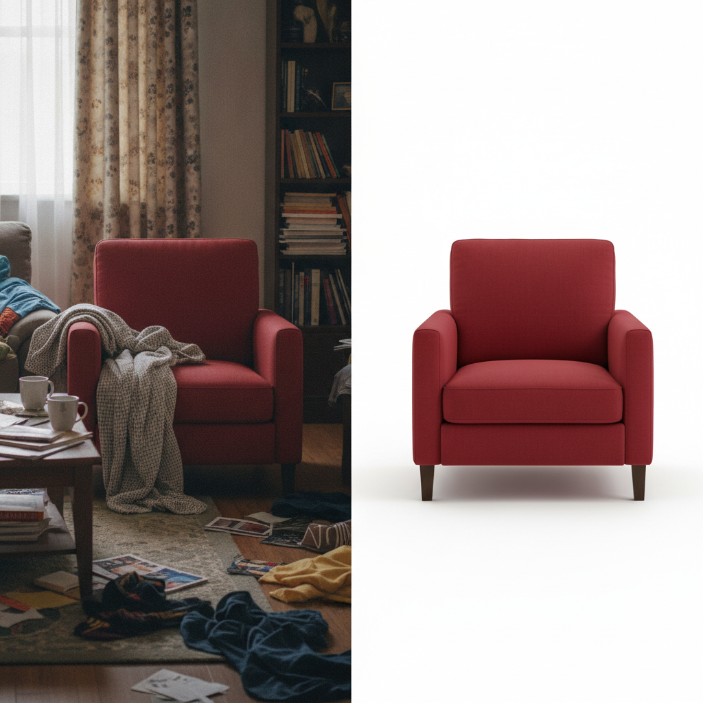 Before and after of a red armchair with its cluttered living-room background removed, leaving the furniture isolated on a pure white catalog background