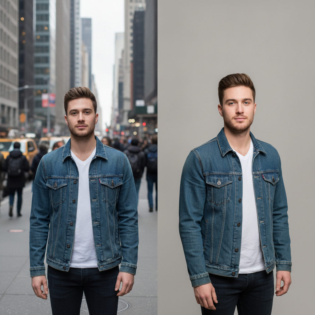 Before and after of a man in a denim jacket whose crowded street background was removed and replaced with a neutral gray studio backdrop for a professional portrait