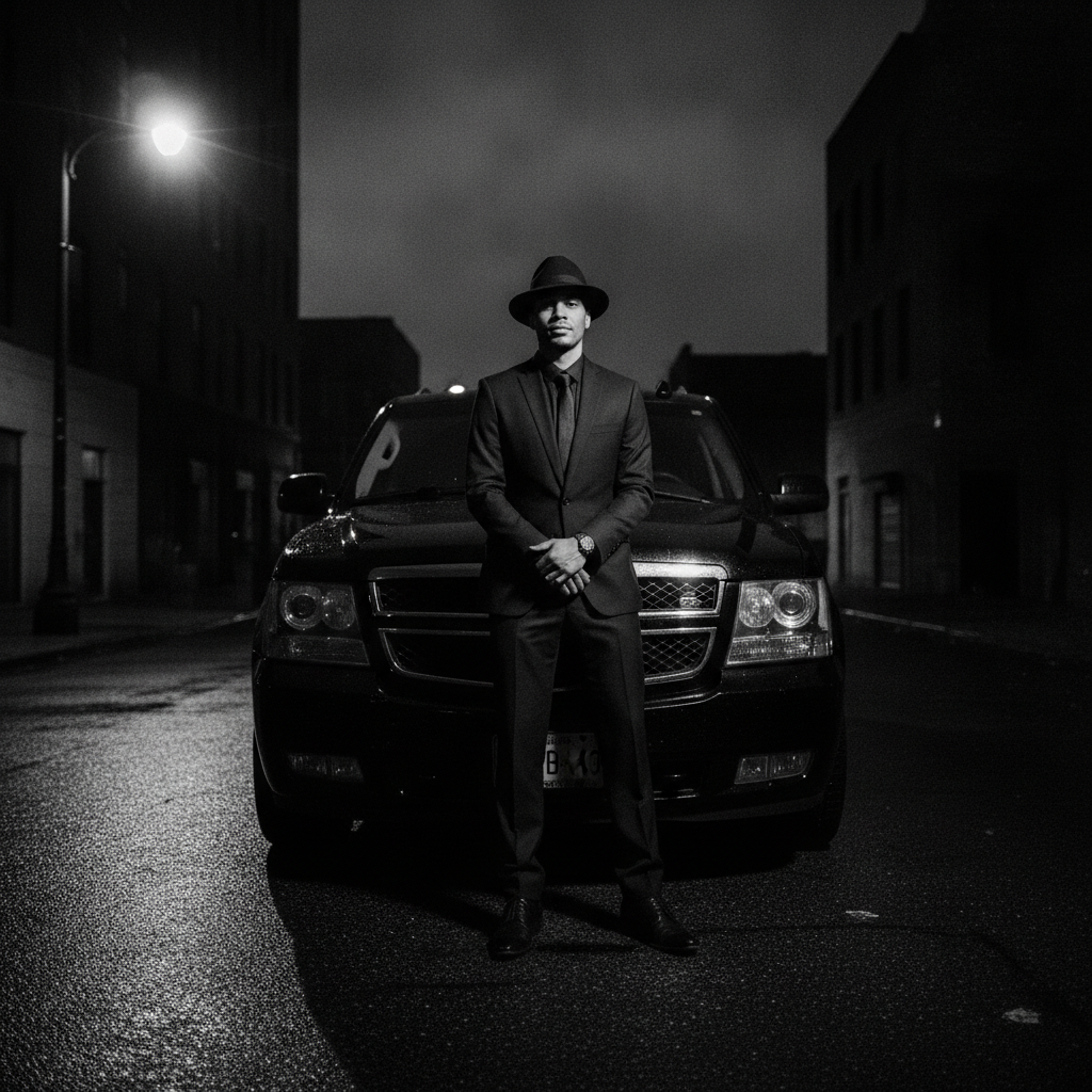 Scorpio AI photo of a person sitting on the hood of a glossy black SUV in cinematic black and white at night