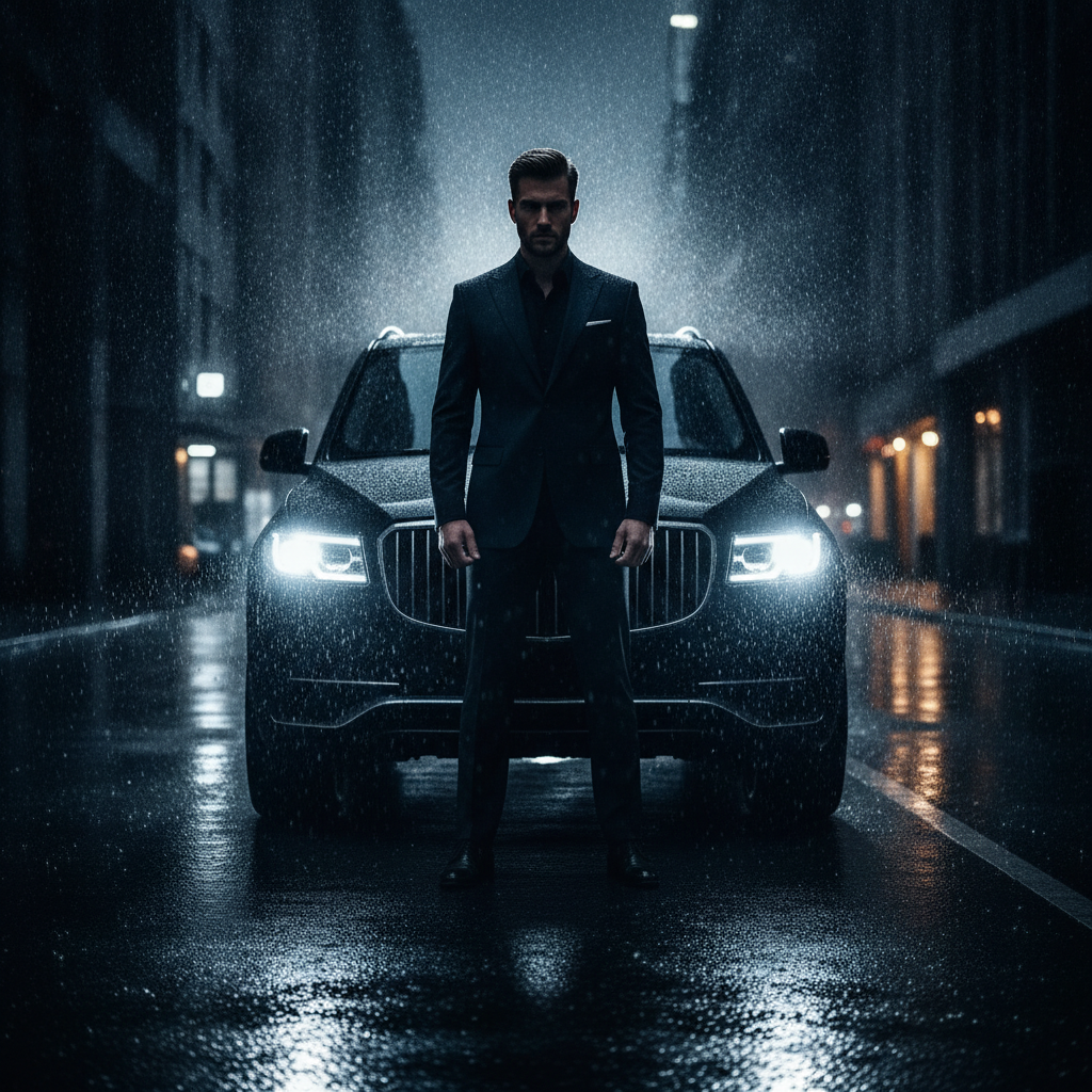Scorpio AI photo of a person silhouetted in front of a black SUV with glowing headlights and wet asphalt