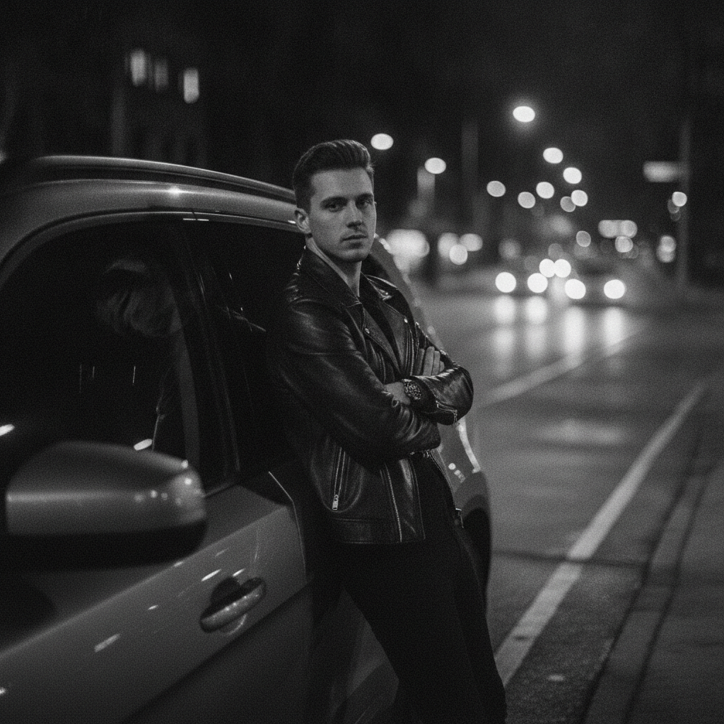 Scorpio AI photo of a person leaning on the roof of a black SUV in a moody grainy black and white street scene