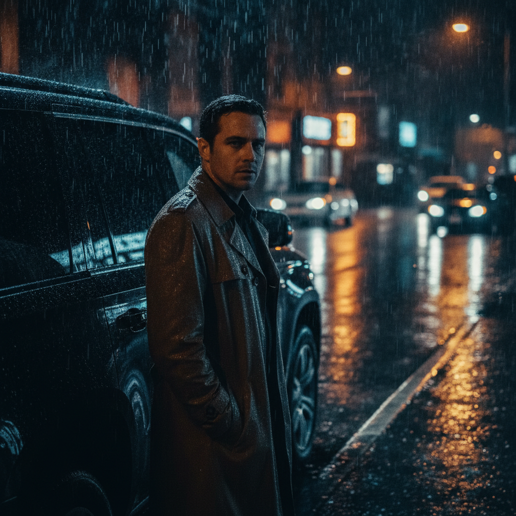 Scorpio AI photo of a person beside a black SUV on a rainy neon-lit street with reflections on wet pavement