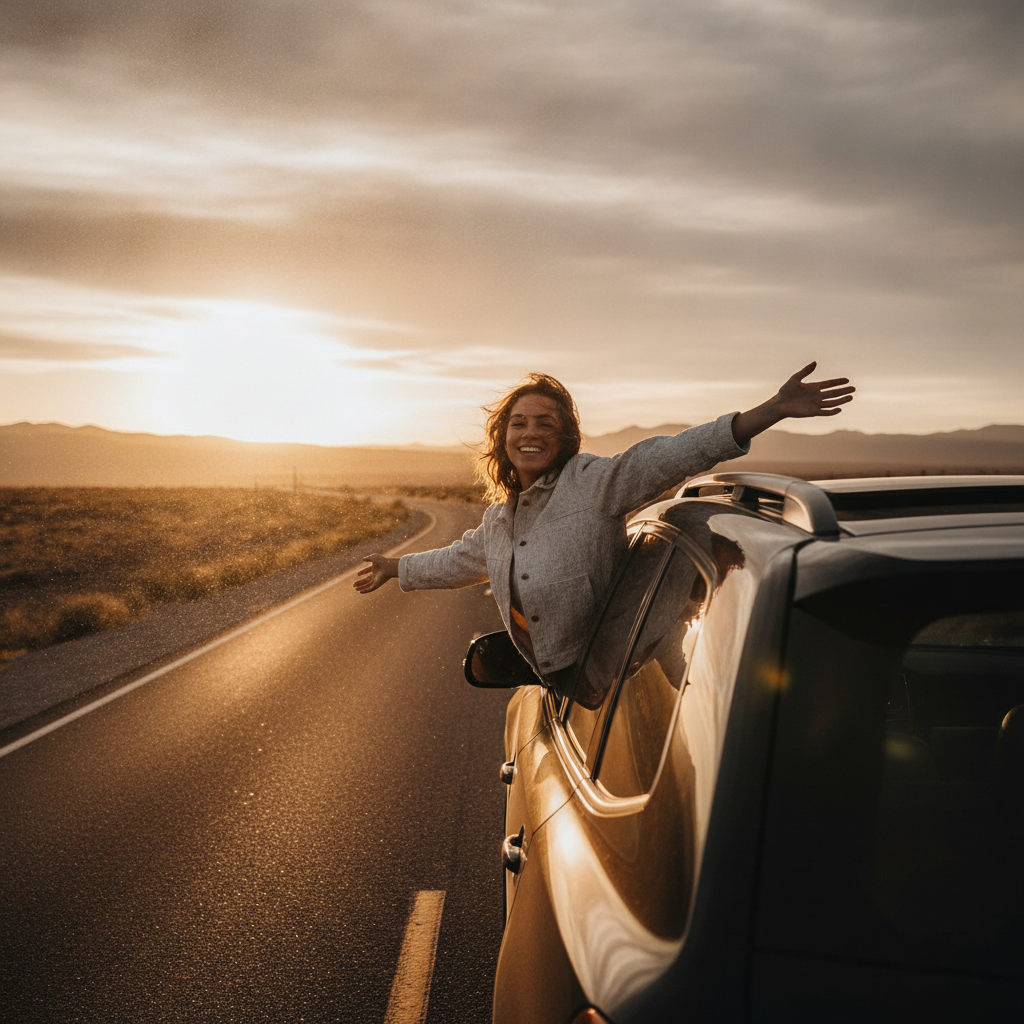 Scorpio AI photo of a person leaning through the open sunroof of a black SUV in warm golden-hour light