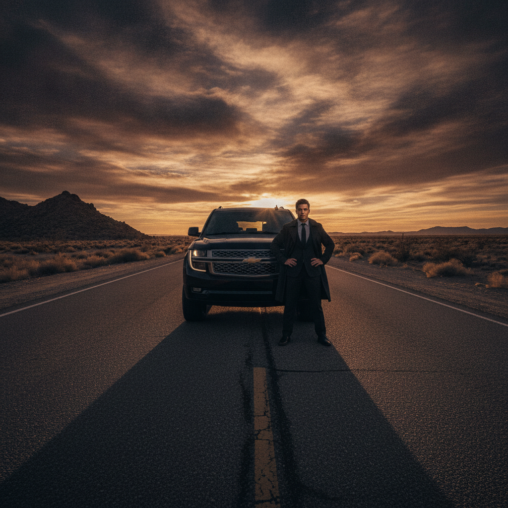 Scorpio AI photo of a person standing next to a black SUV on an empty desert highway at dusk