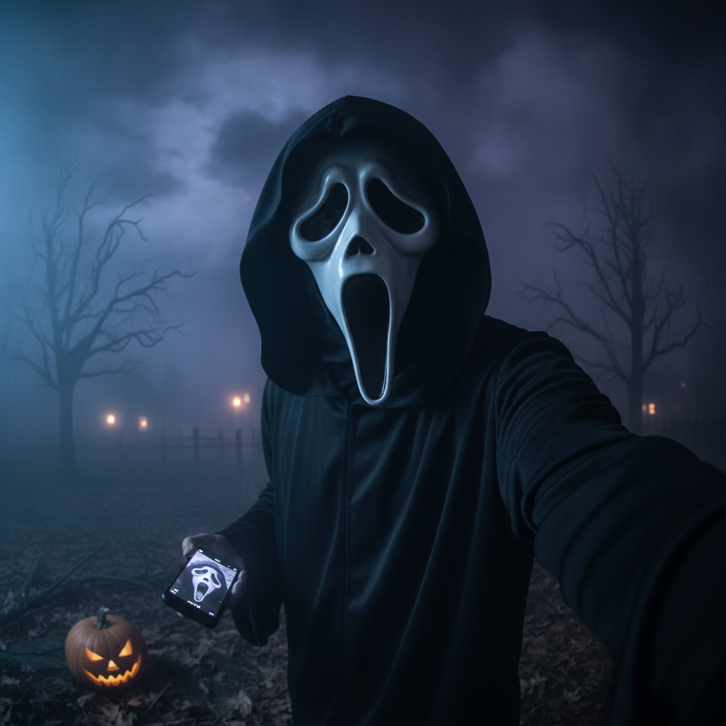 Scream ghostface AI photo showing a person in the white masked killer costume and black hooded robe on a foggy moonlit night