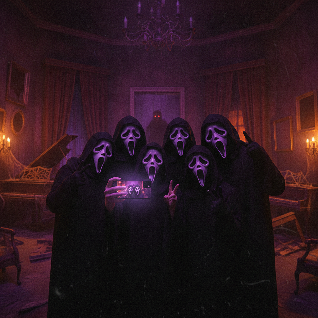 Scream ghostface AI photo of a group of friends in masks and black robes taking a spooky Halloween selfie