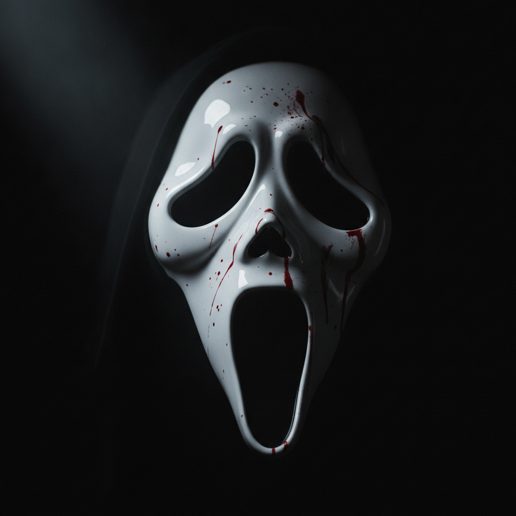 Scream ghostface AI photo close-up of the glossy white mask with dark eye holes and blood splatter accents