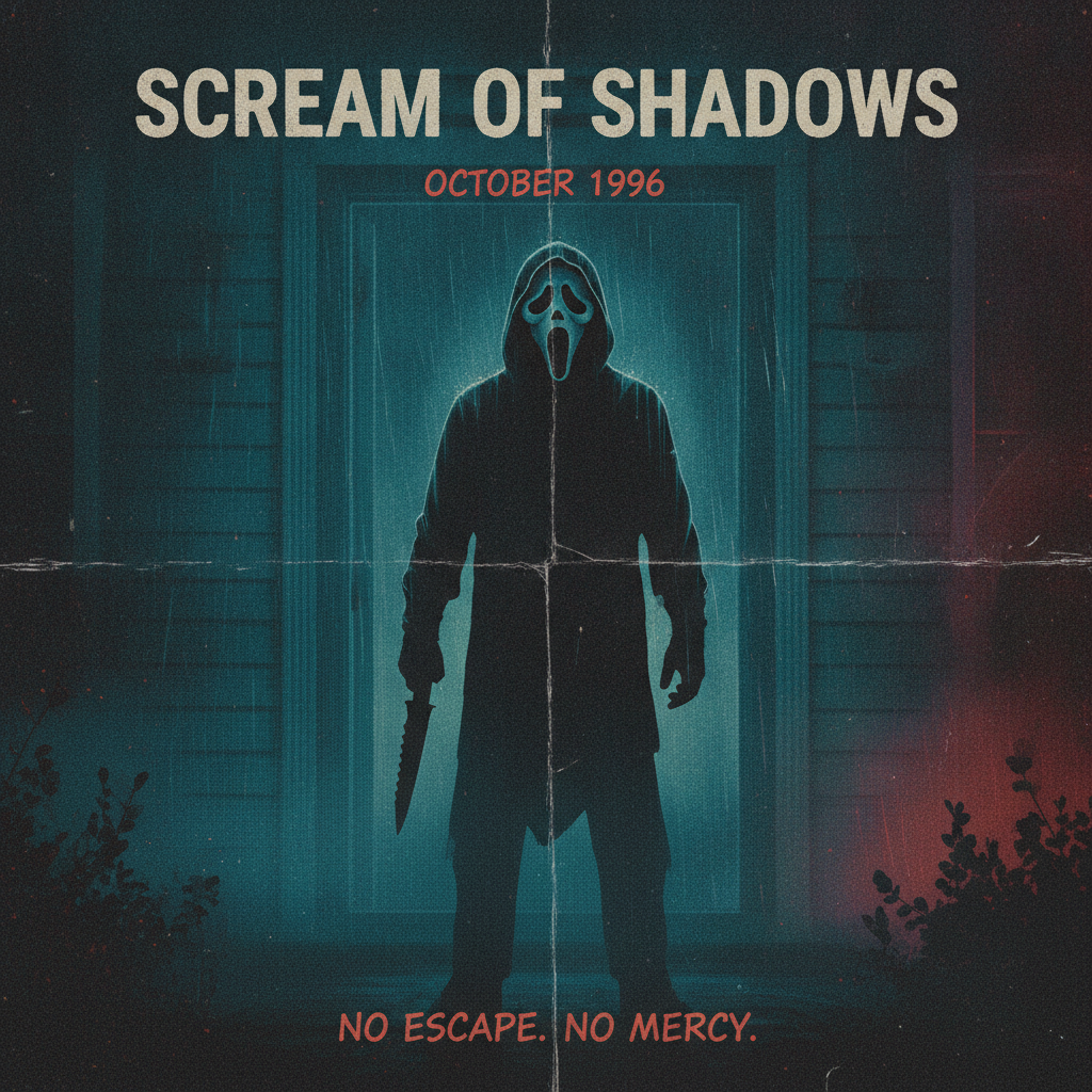 Scream ghostface AI photo of a masked killer in a dim doorway, 90s slasher movie poster aesthetic with teal and crimson grading