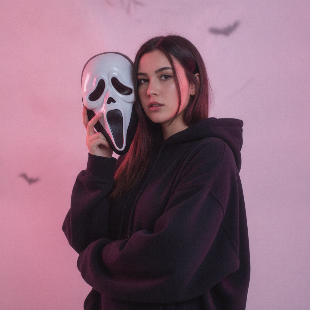 Scream ghostface AI photo of a girl in an oversized black hoodie holding the mask beside her face in soft studio lighting