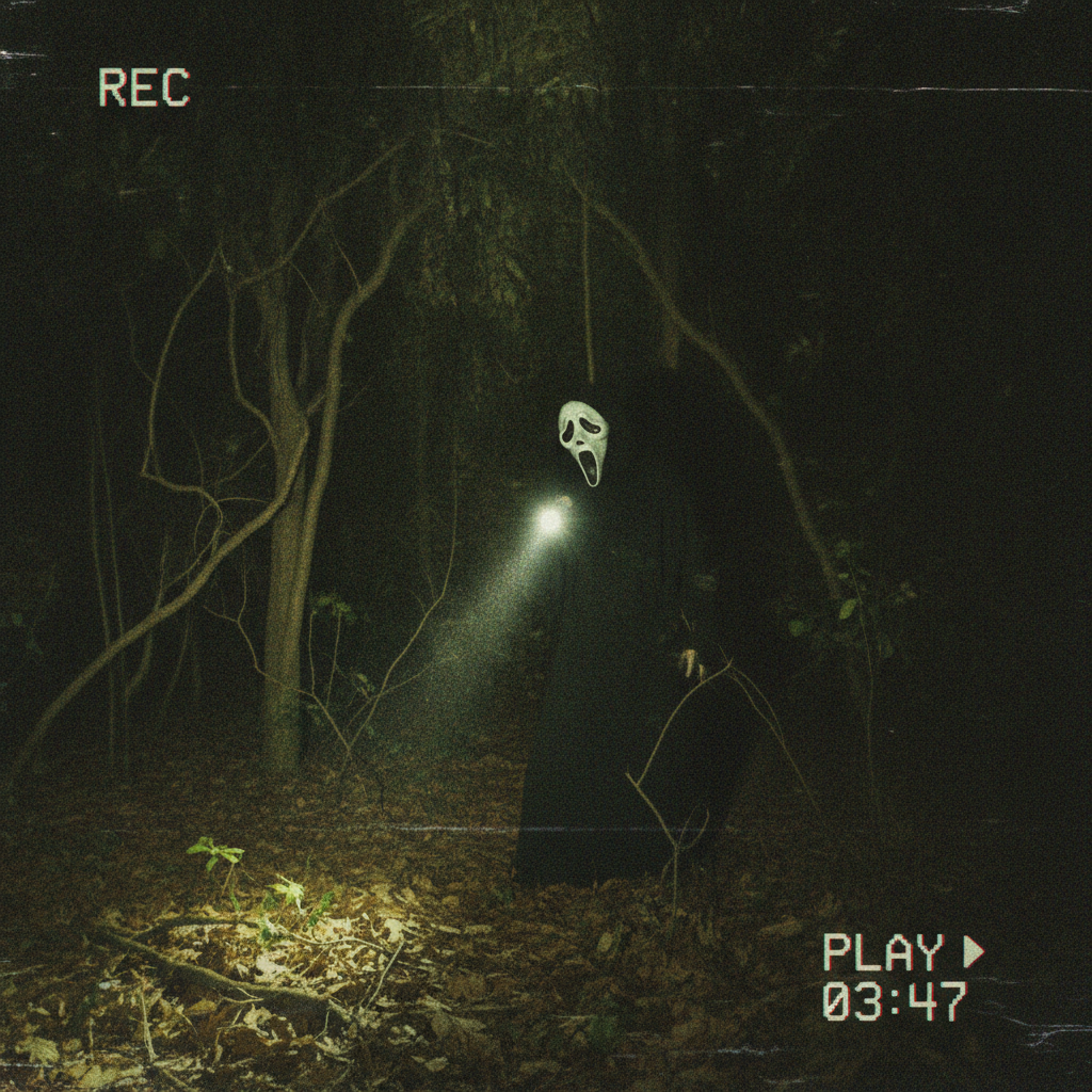 Scream ghostface AI photo in retro VHS found-footage style, masked figure lit by flashlight in dark woods