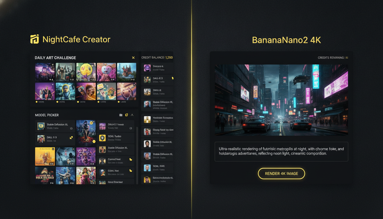 NightCafe vs BananaNano2 split-screen hero — left side a community-driven AI art generator with a daily challenge feed, model picker and credit counter, right side a dedicated 4K AI image generator rendering a photorealistic scene from a text prompt, dark theme yellow accents