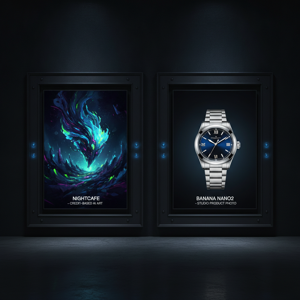 NightCafe vs BananaNano2 image quality comparison — left panel a stylized credit-based AI art piece, right panel a crisp 4K photorealistic studio product photo of a wristwatch with a readable text label, gallery framing dark theme