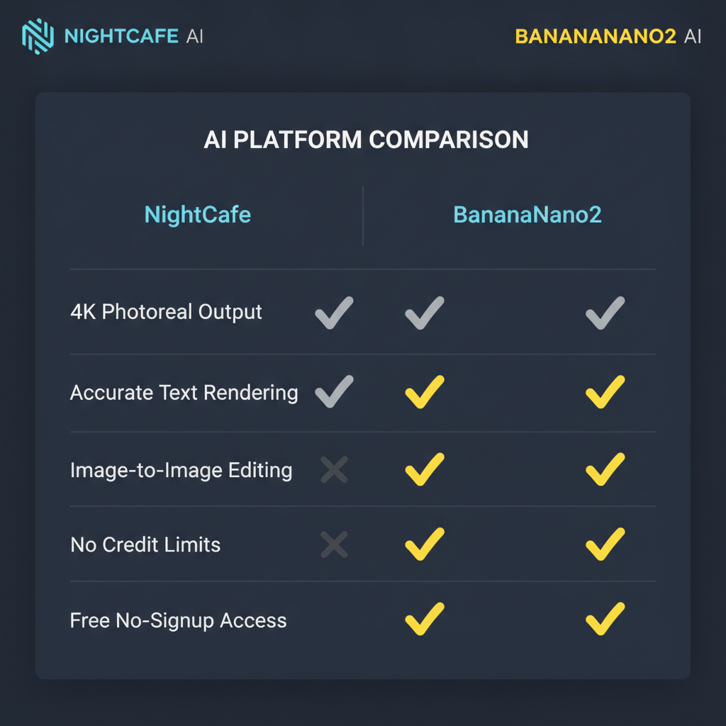 NightCafe vs BananaNano2 feature comparison infographic — dark UI table listing 4K photoreal output, accurate text rendering, image-to-image editing, no credit limits, and free no-signup access with yellow checkmarks on the BananaNano2 column