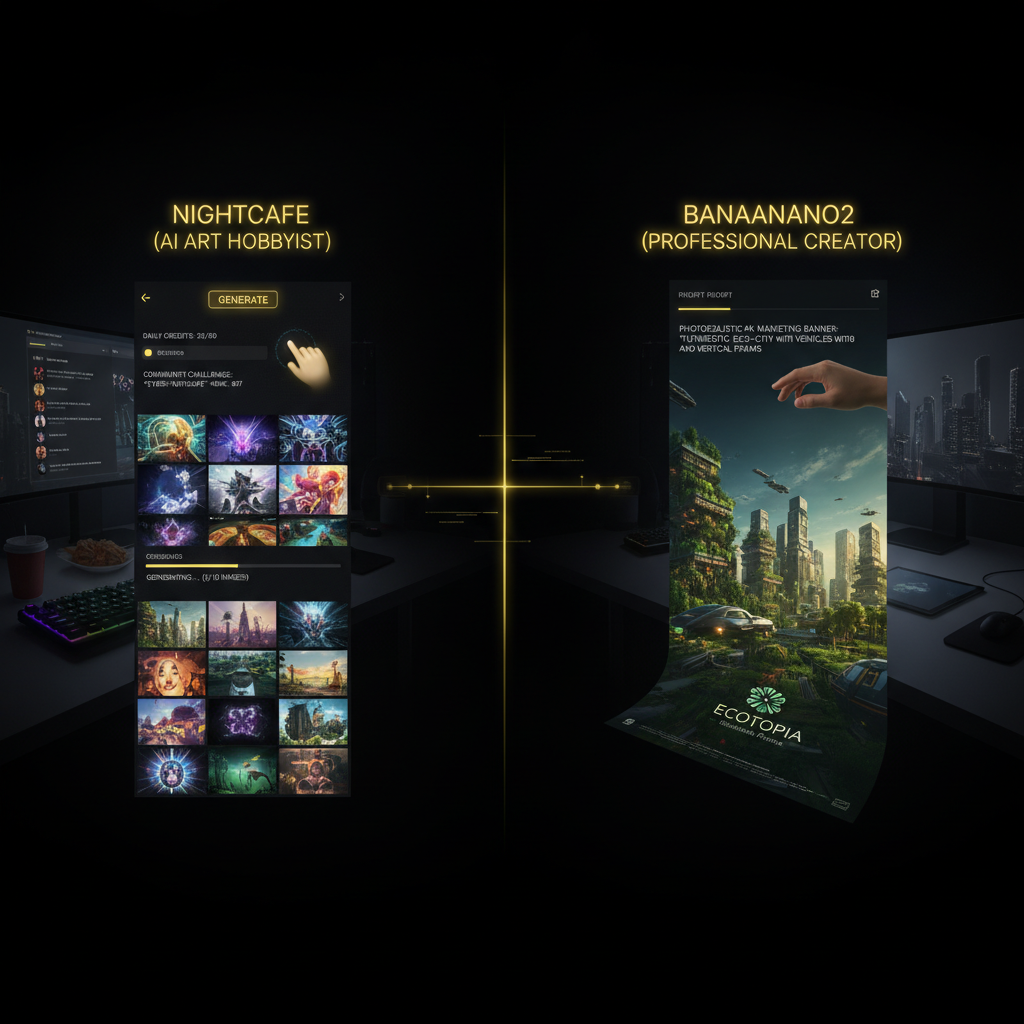 NightCafe vs BananaNano2 workflow comparison — left side an AI art hobbyist spending daily credits and entering a community art challenge, right side a creator typing a single prompt into a professional AI image generator producing a photorealistic 4K marketing banner