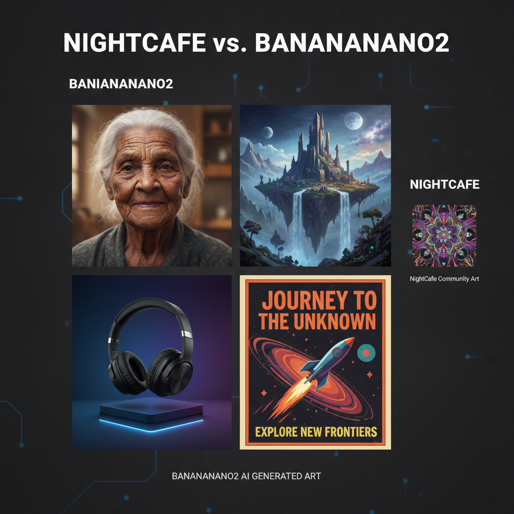 NightCafe vs BananaNano2 use-case showcase — a grid of BananaNano2 generated 4K images including a photoreal portrait, a fantasy concept-art landscape, an ecommerce product shot, and a poster with readable text, next to a small stylized community art card
