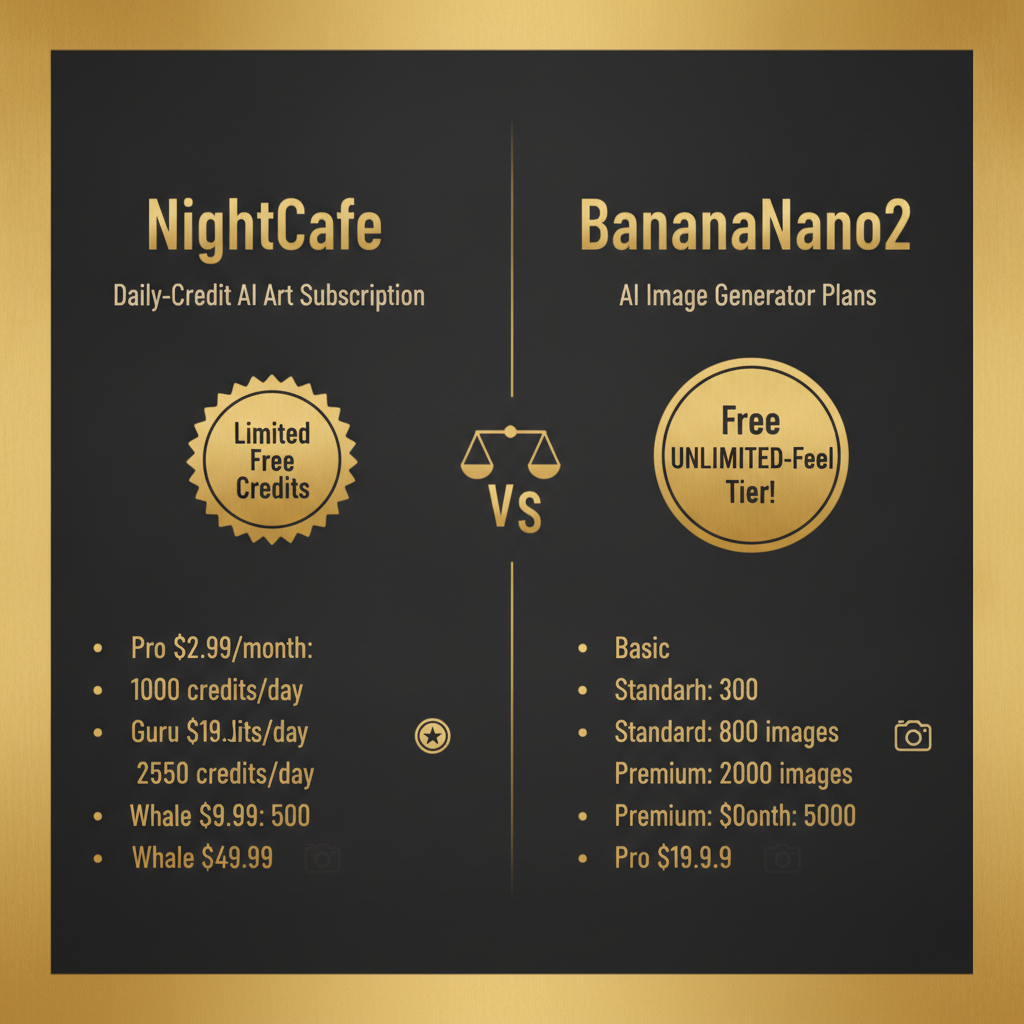 NightCafe vs BananaNano2 pricing comparison infographic — a daily-credit AI art subscription on the left, BananaNano2 AI image generator plans from 2.99 dollars per month with a free tier badge on the right, gold and dark theme
