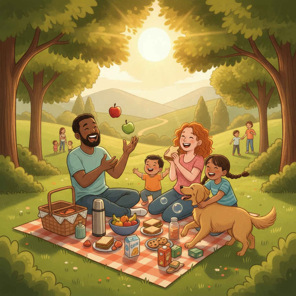 Wholesome family-friendly illustration of a diverse family picnic in a sunny park, made with a non-toxic AI image generator