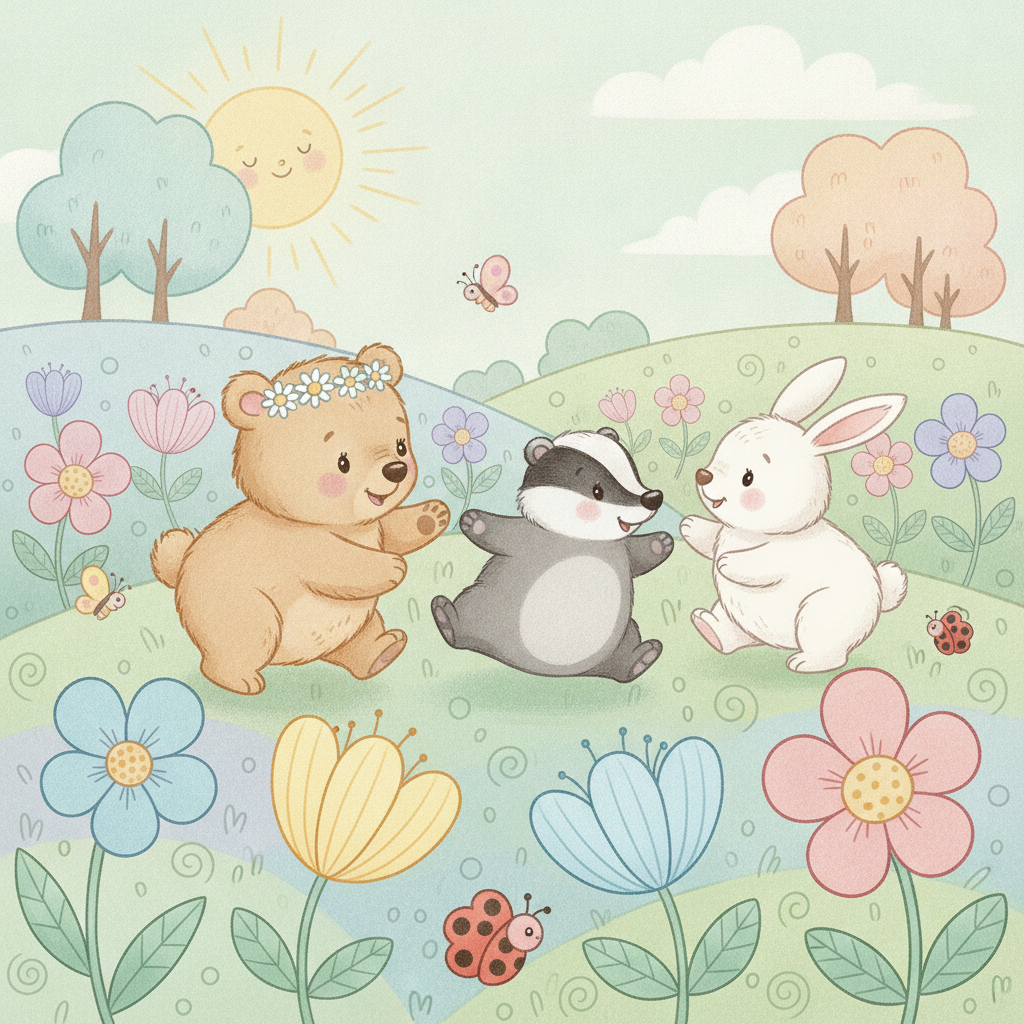 Cute cartoon animals playing in a flower meadow, a safe children-friendly image from a non-toxic AI image generator