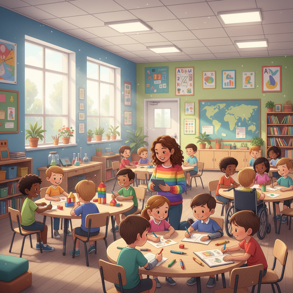 Bright educational classroom scene with diverse happy students, ethical AI art from a non-toxic AI image generator