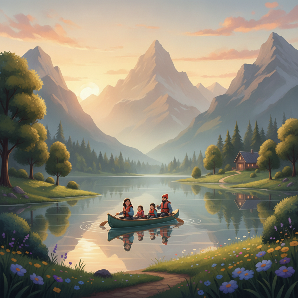 Peaceful mountain lake landscape at sunrise, a family-friendly image created with a non-toxic AI image generator