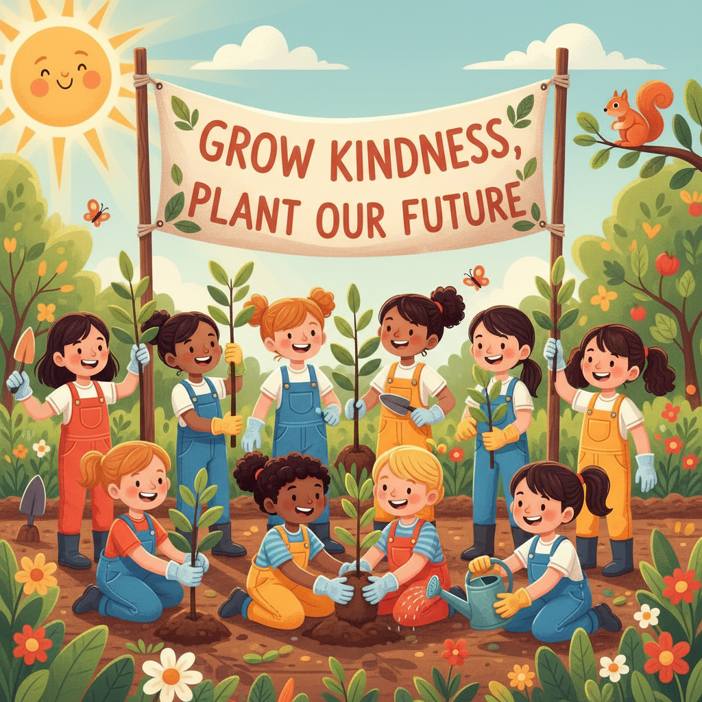 Children planting trees together in a garden, a positive wholesome image from a non-toxic AI image generator