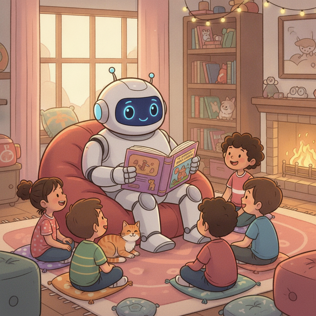 Friendly robot reading a storybook to children, a safe non-offensive illustration from a non-toxic AI image generator