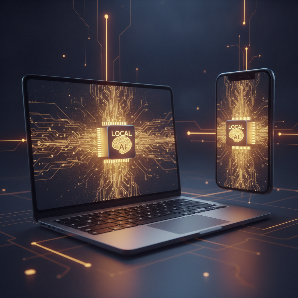 On-device AI image processing — a laptop and phone glowing with local neural network circuits