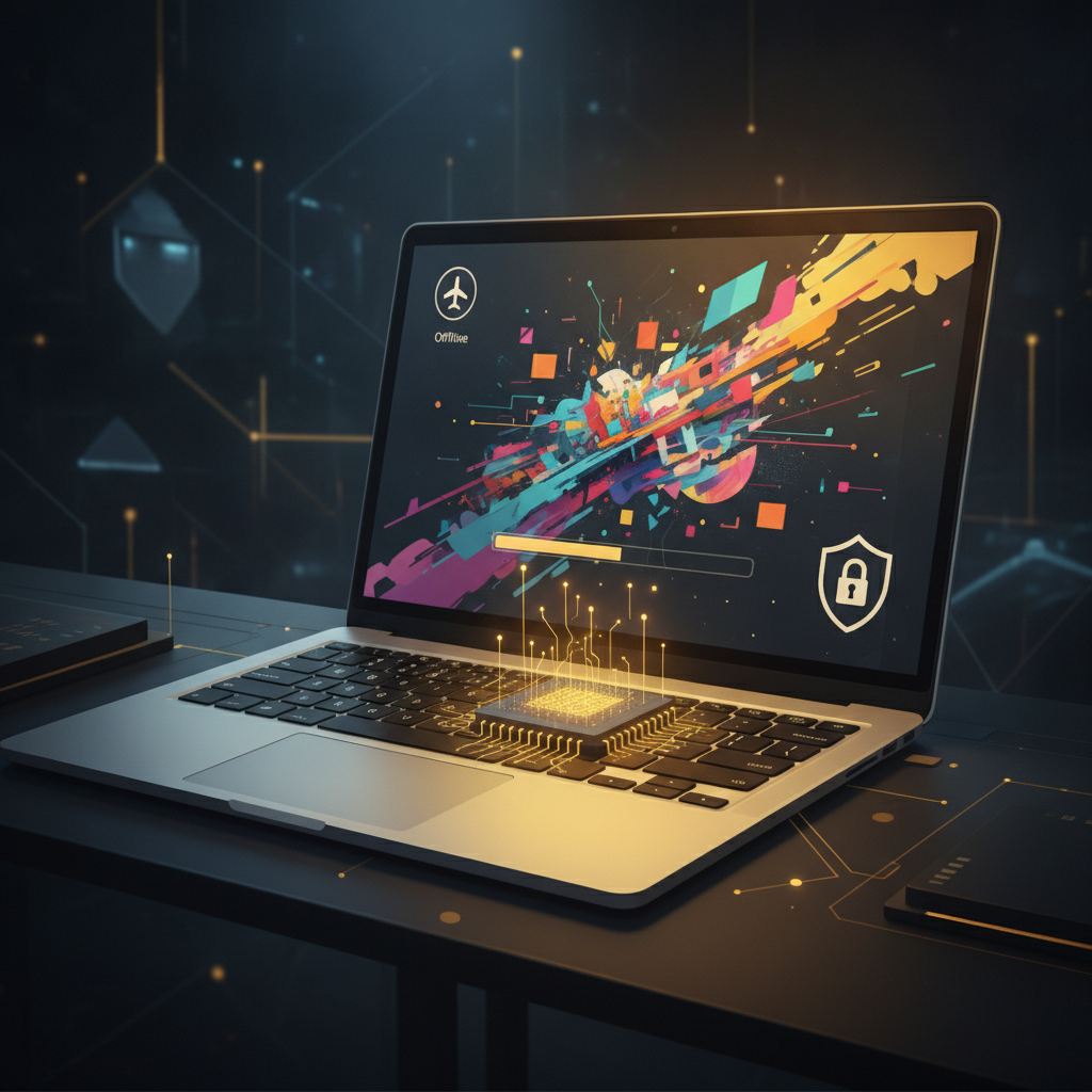 Offline AI tools — a laptop in airplane mode generating vivid artwork locally with a privacy shield