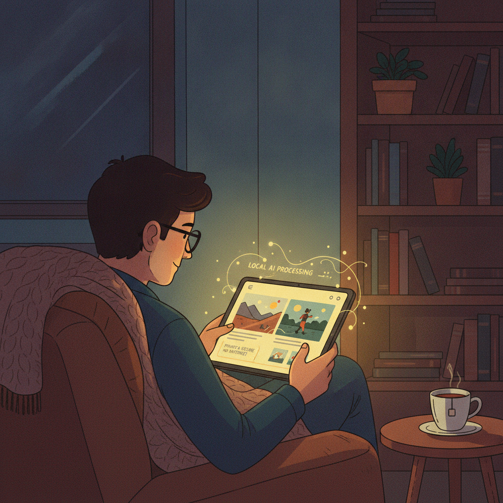 Private AI processing — a person editing photos on a tablet with no internet connection