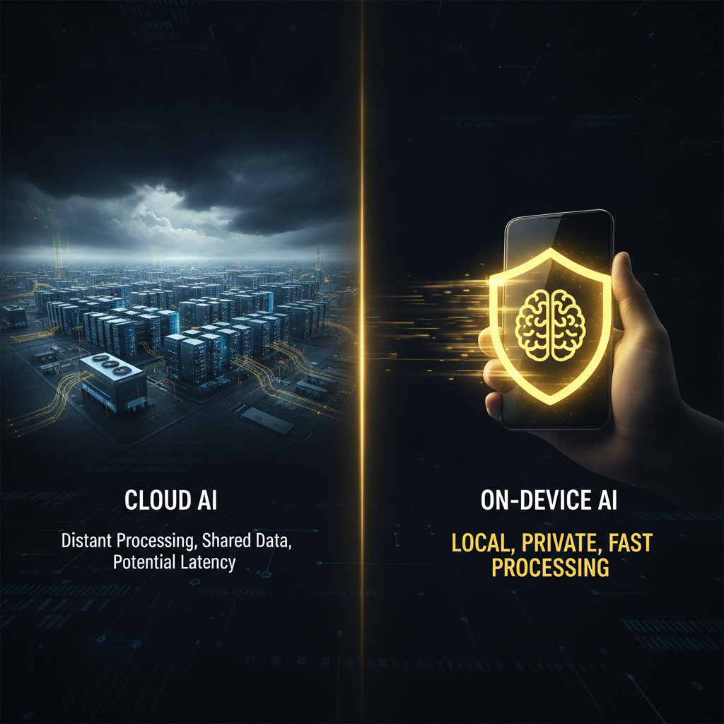 Cloud versus on-device AI comparison showing fast, private local image processing on a personal device