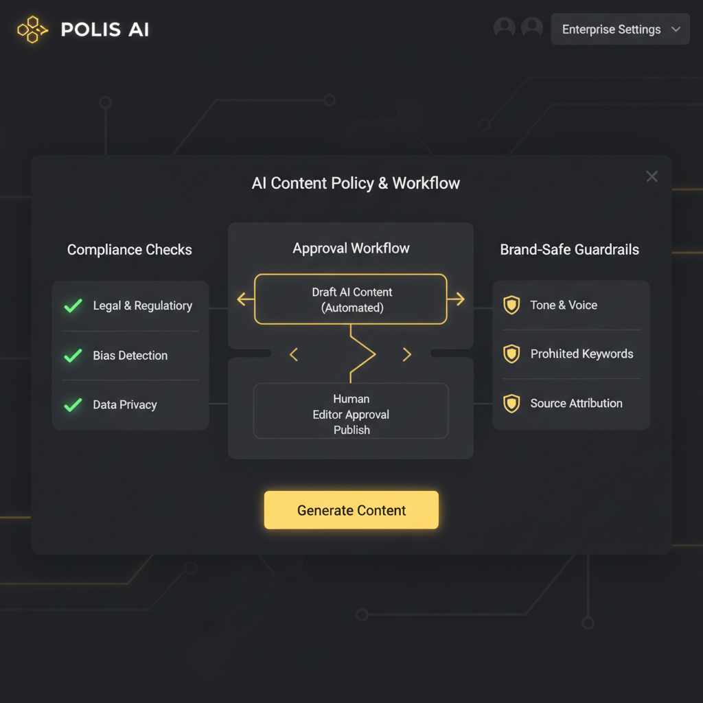 Policy-driven video generation dashboard on a dark UI with compliance checkmarks and brand-safe guardrails