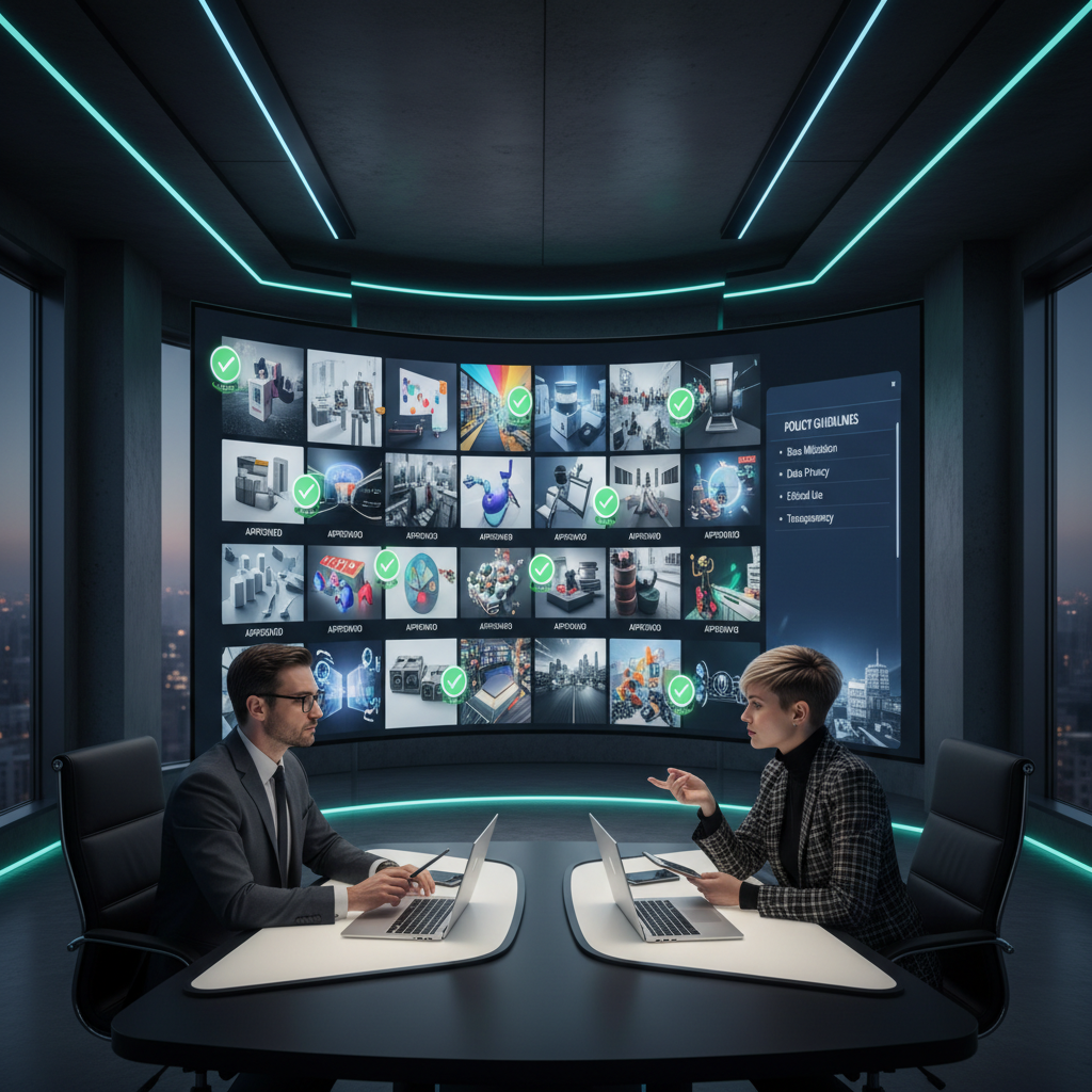 Compliance officer and creator reviewing policy-driven AI-generated content with approval badges and policy rules