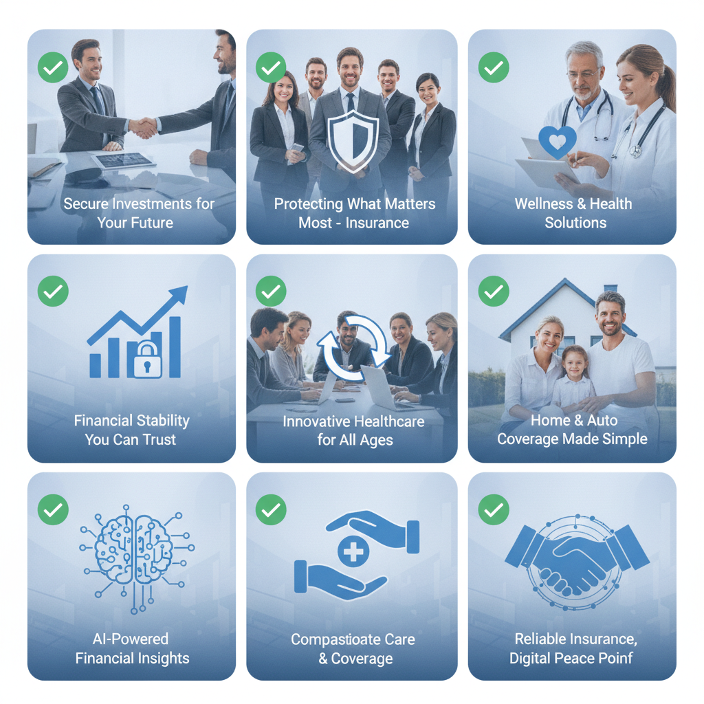 Grid of brand-safe AI content for regulated finance, healthcare, and insurance industries with compliance checkmarks