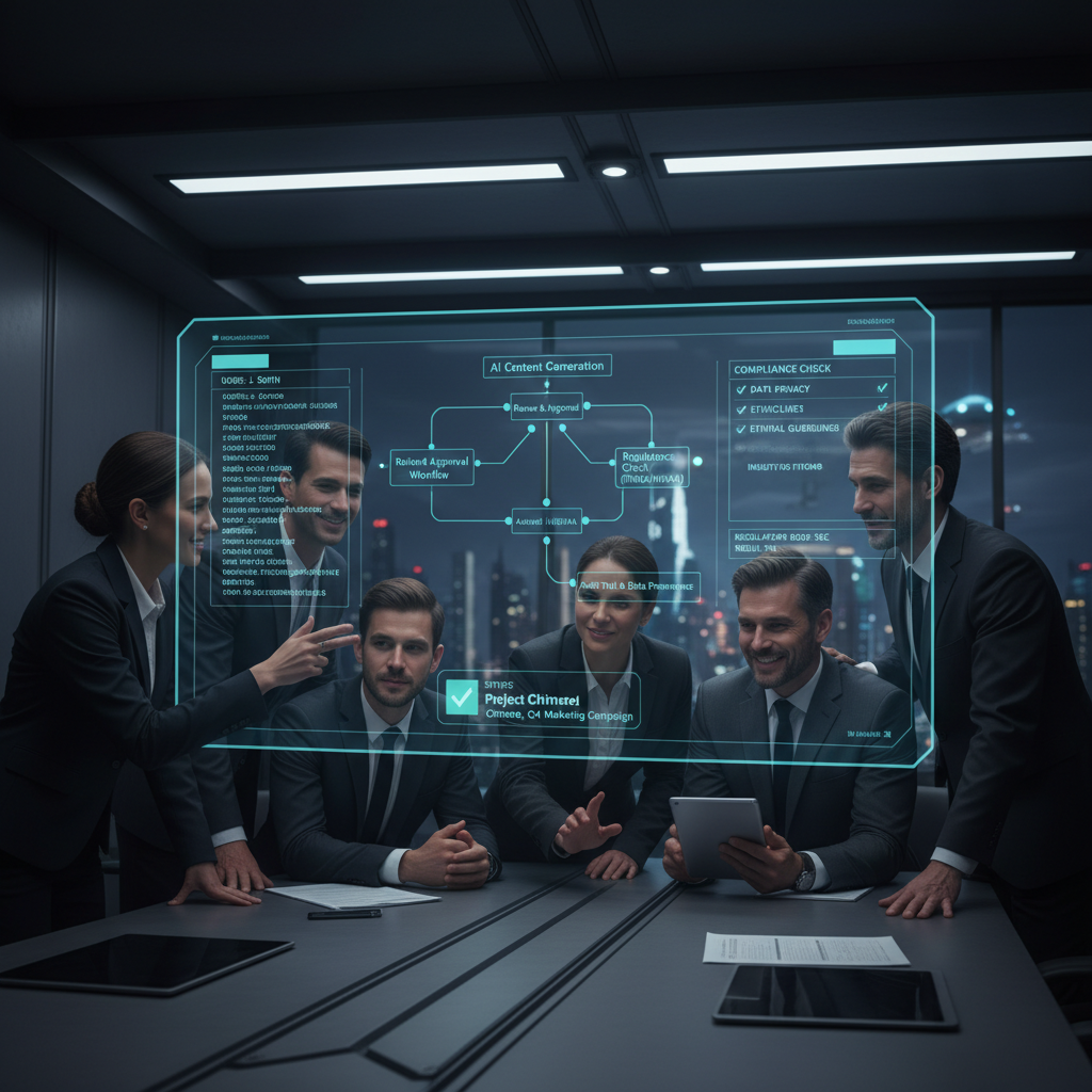 Enterprise team approving policy-driven AI-generated content with a governance and audit trail on screen