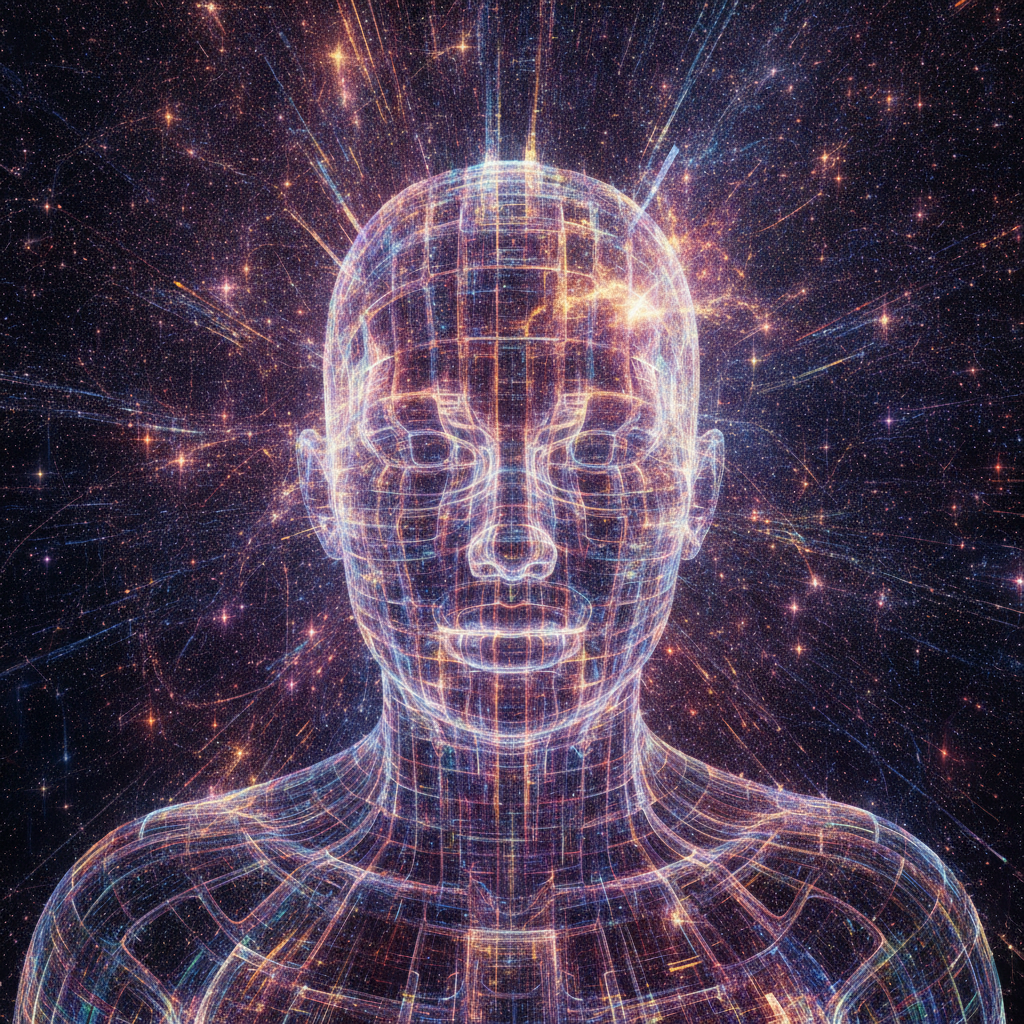 Post-quantum AI art portrait of a futuristic figure dissolving into shimmering qubit lattices with iridescent holographic colors
