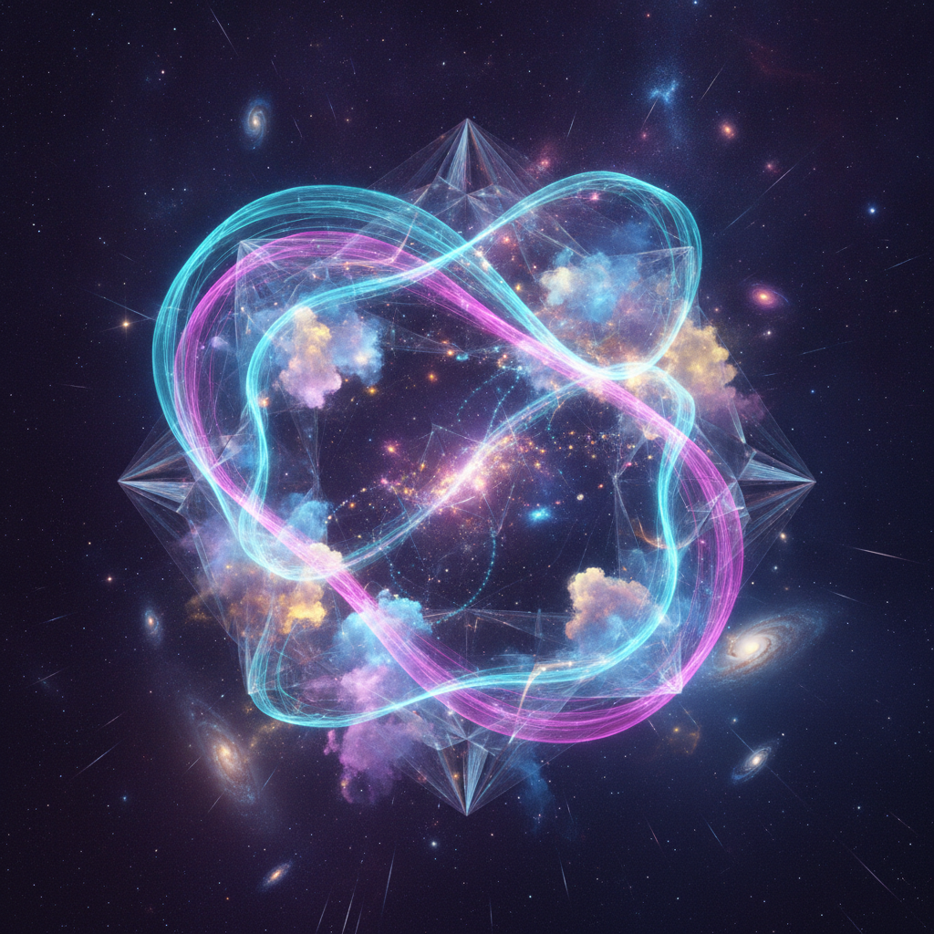 Post-quantum abstract artwork of quantum-entanglement ribbons weaving through a crystalline geometric structure in neon cyan and magenta