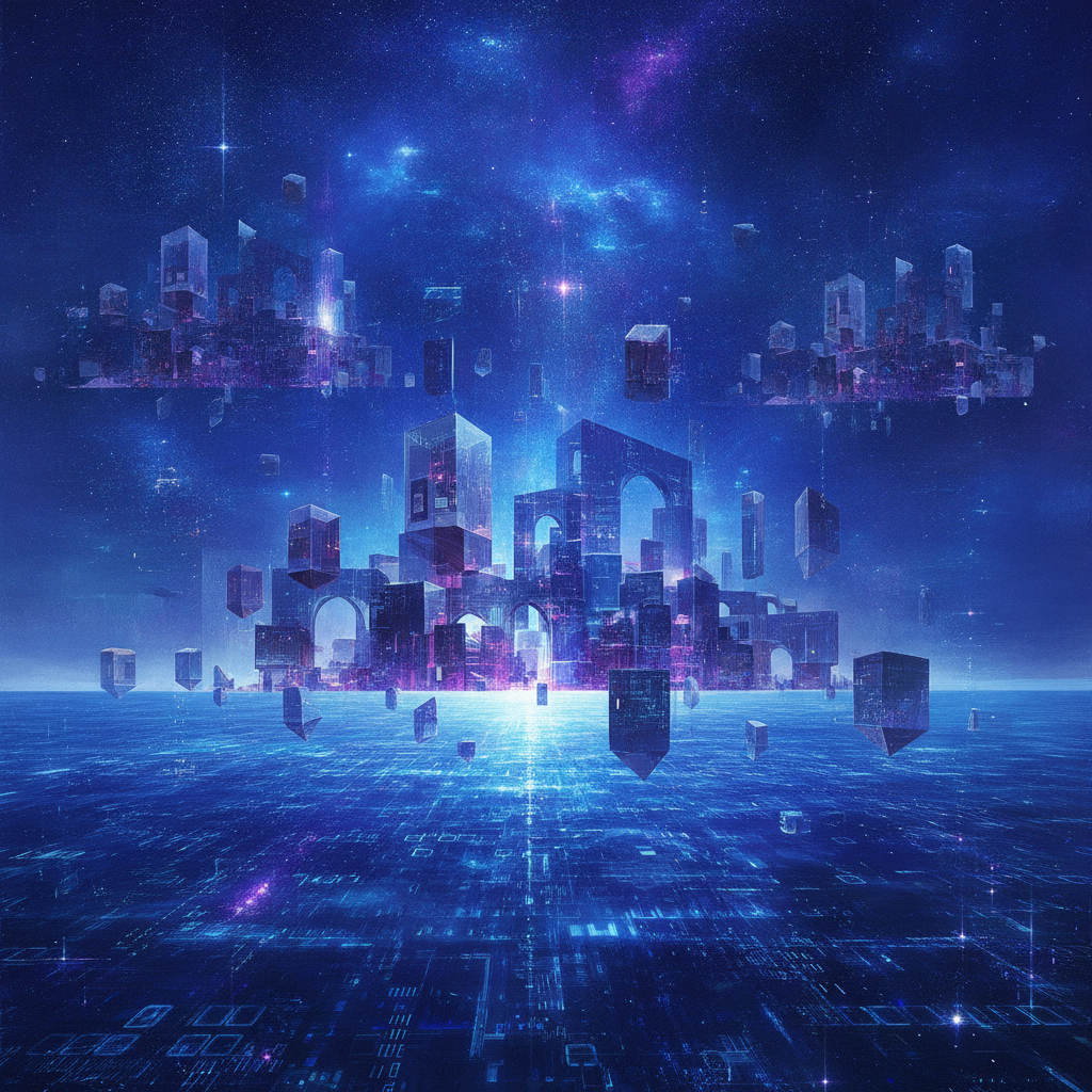 Quantum-inspired surreal landscape city built from superposition geometry floating above a sea of glowing data