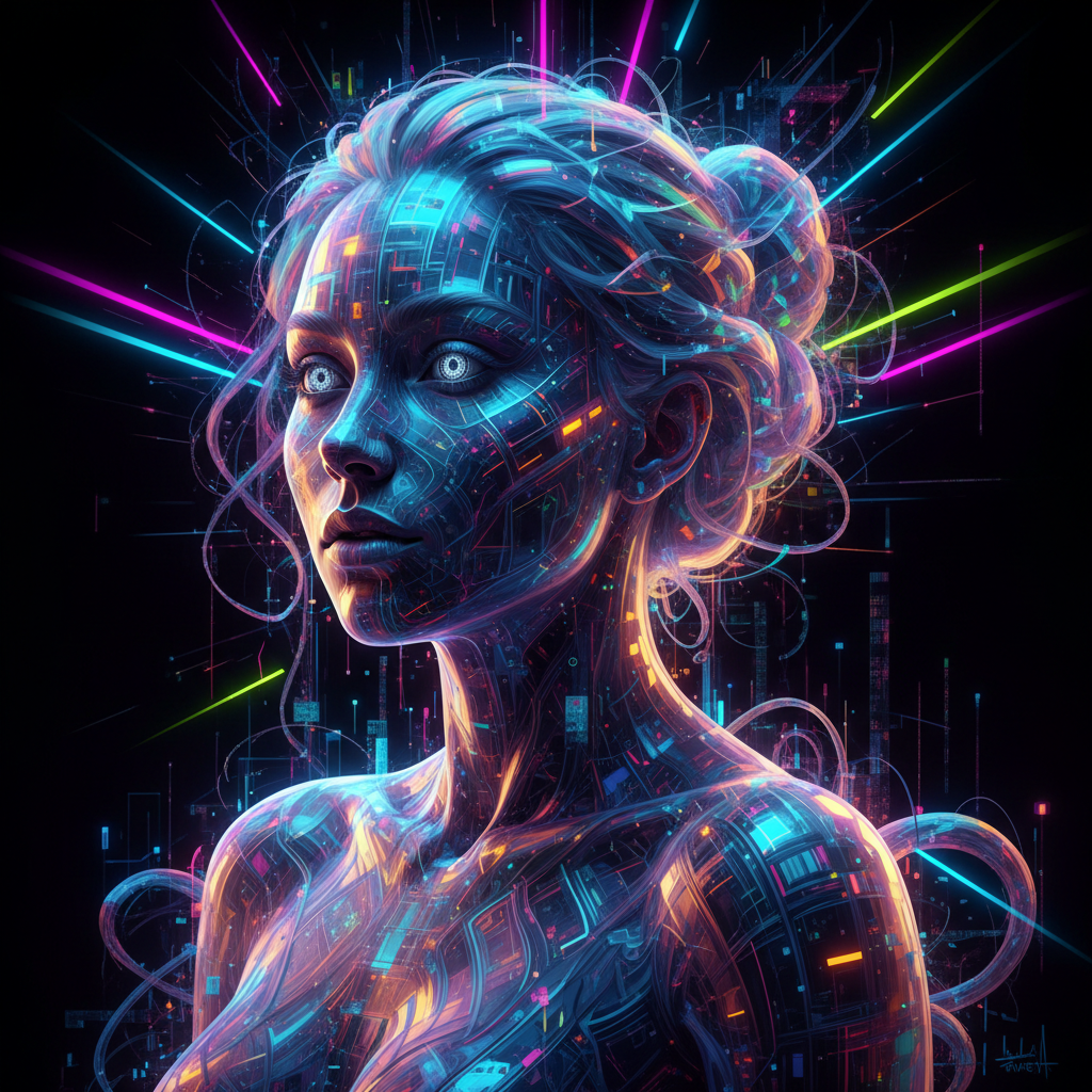 Post-quantum AI portrait of a woman made of flowing holographic circuitry and entangled light strands with prismatic refraction