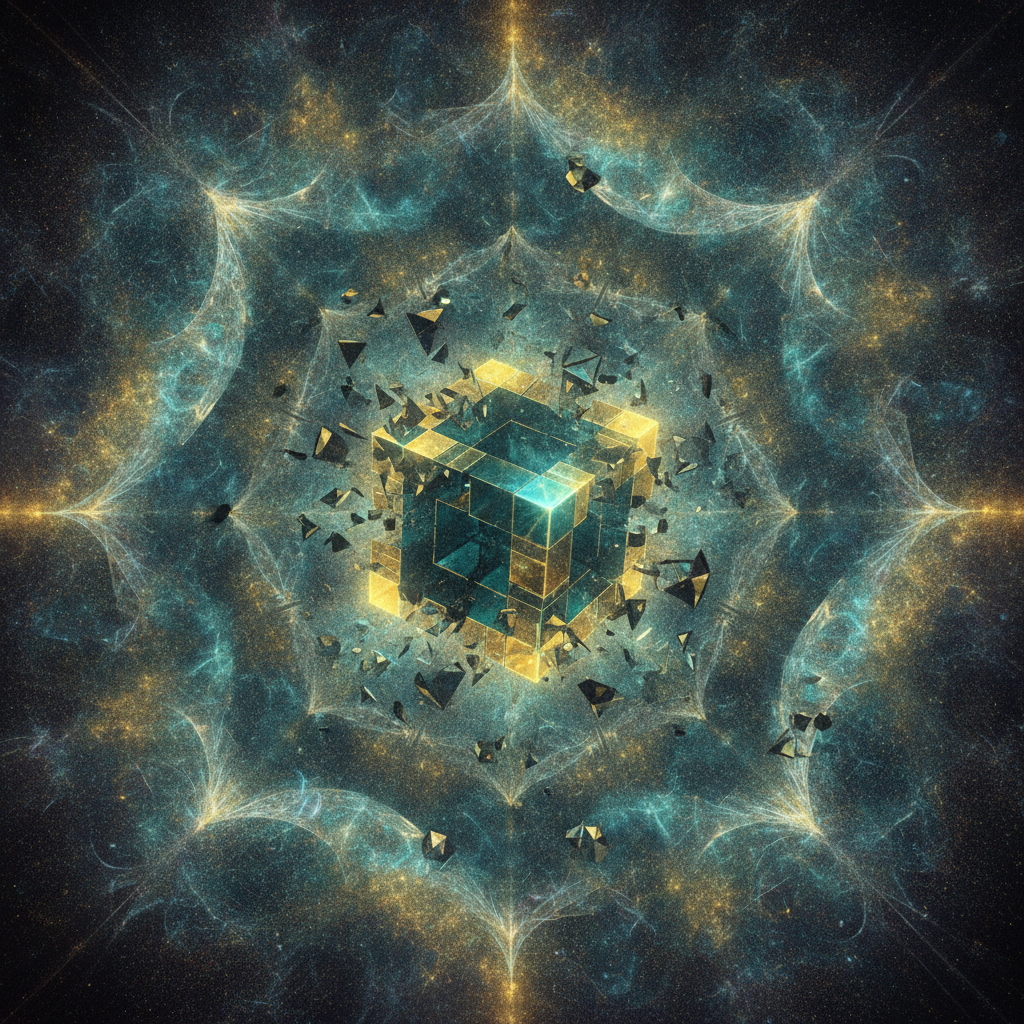 Abstract post-quantum art of a glowing tesseract hypercube fracturing into infinite mirrored fragments with quantum foam