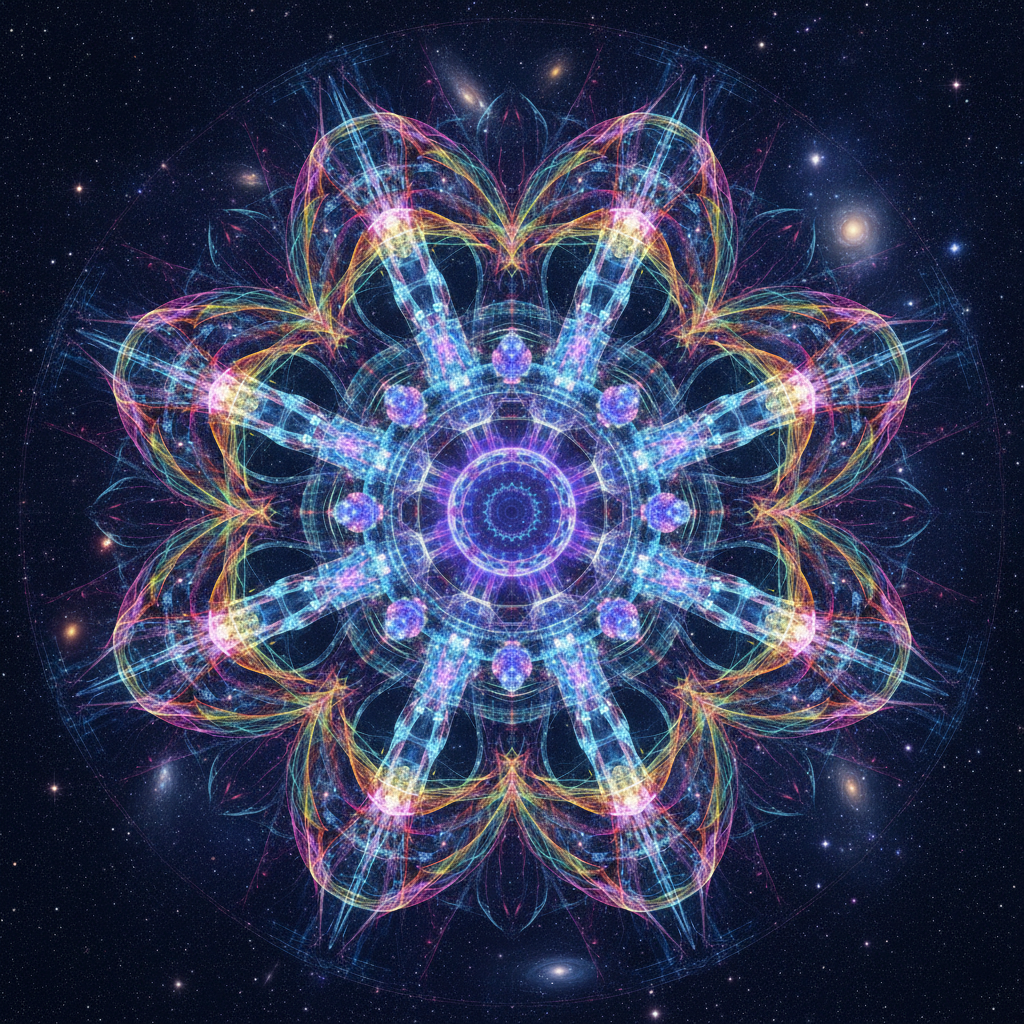 Quantum computing inspired mandala of interlocking qubits and superposition waves radiating rainbow interference patterns