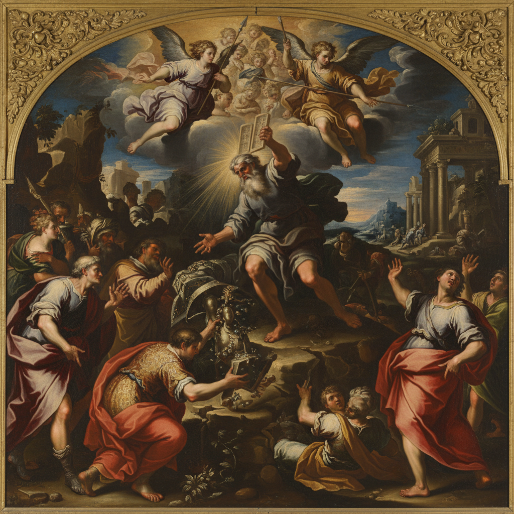 Baroque pre-modern AI art of a dramatic biblical scene with chiaroscuro lighting in deep reds and golds