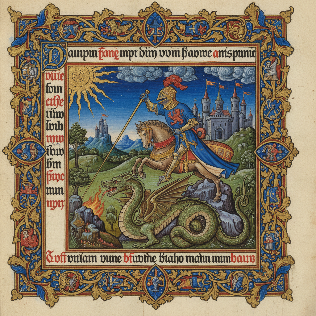 Medieval illuminated manuscript page with gold leaf created by the pre-modern AI art generator