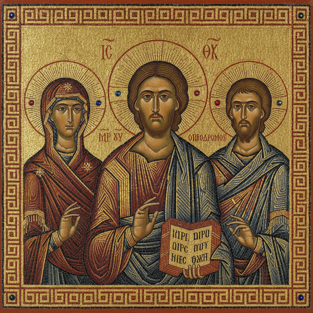 Byzantine religious icon with gold background and stylized figures in pre-modern AI art style