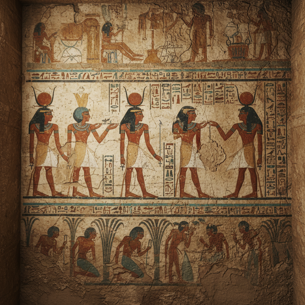 Ancient Egyptian wall fresco with hieroglyphs and ochre pigments generated by pre-modern AI art generator