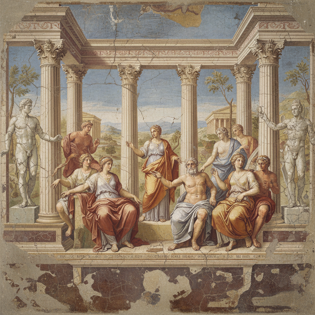 Classical Greek and Roman fresco with marble statues and columns in pre-modern AI art style