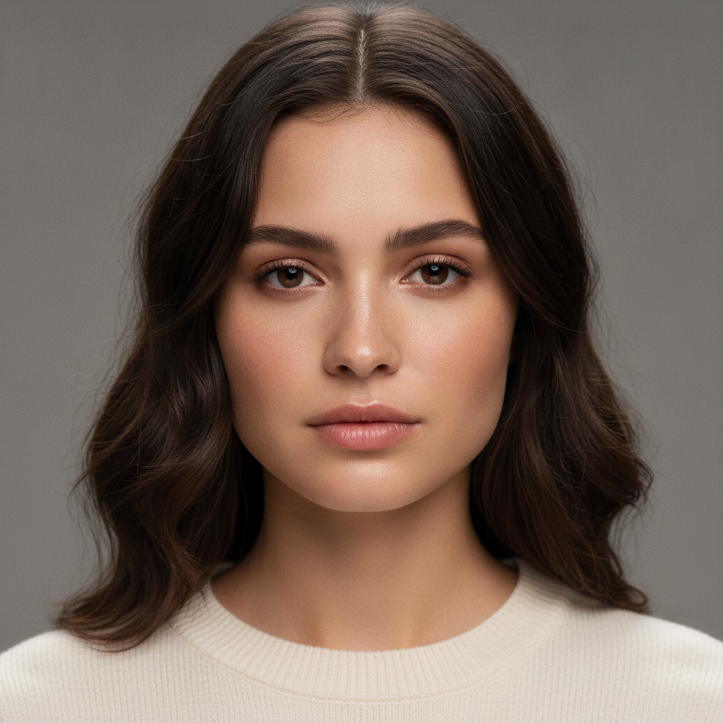 Photorealistic studio portrait of a young woman with soft rim lighting, shallow depth of field and natural skin detail on a neutral gray background