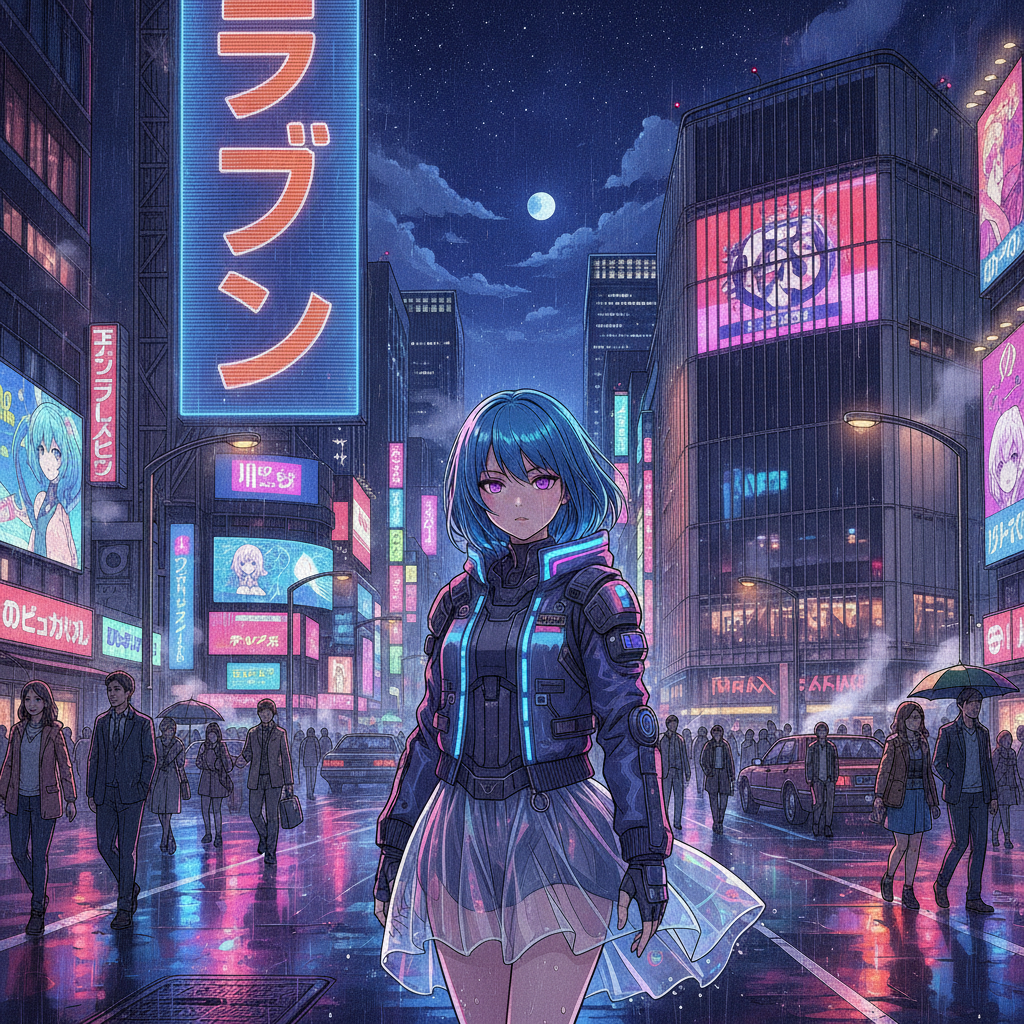 Cel-shaded anime illustration of a girl on a neon-lit Tokyo street at night with a detailed cityscape background