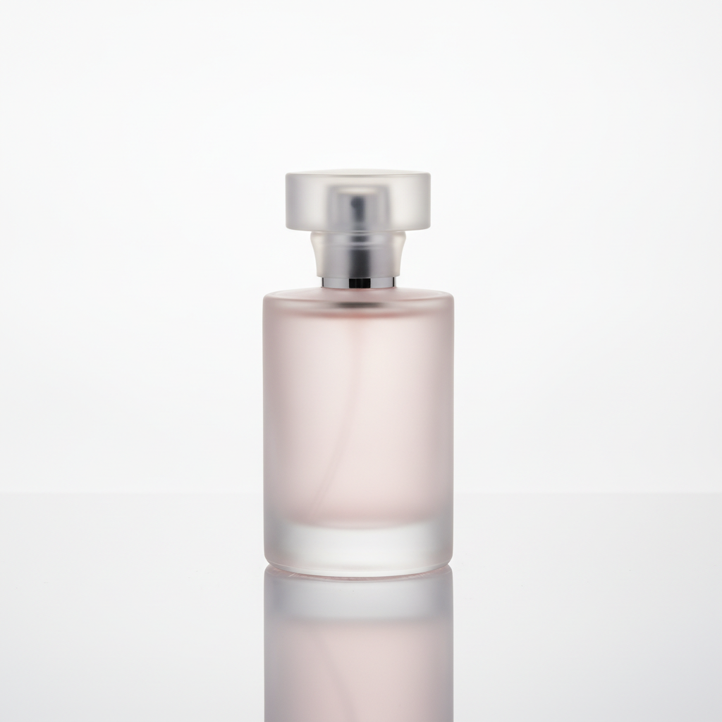 Professional product photograph of a frosted glass perfume bottle on a reflective surface with soft studio lighting on a pure white background