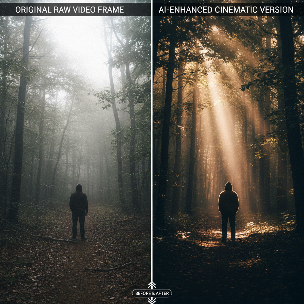 Before and after of a video frame instantly enhanced by real-time AI video editing
